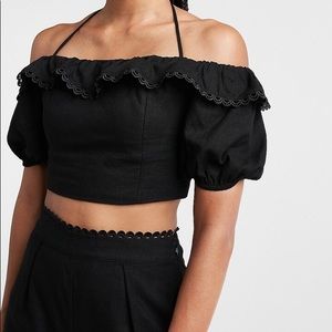 Express Linen-Blend Off The Shoulder Lace Trim Top